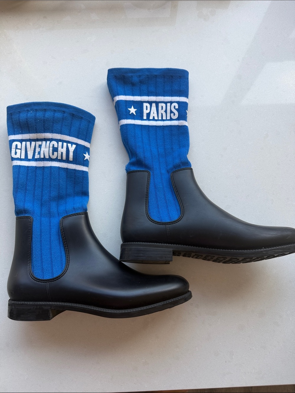 Givenchy Black Rubber Boots / rain with Blue Branded Knit Shaft 37